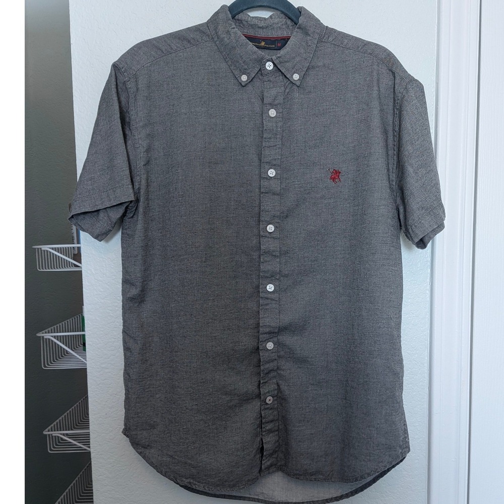 York Team Polo Club Mens Gray Short Sleeve Button Down Shirt Medium Charcoal
